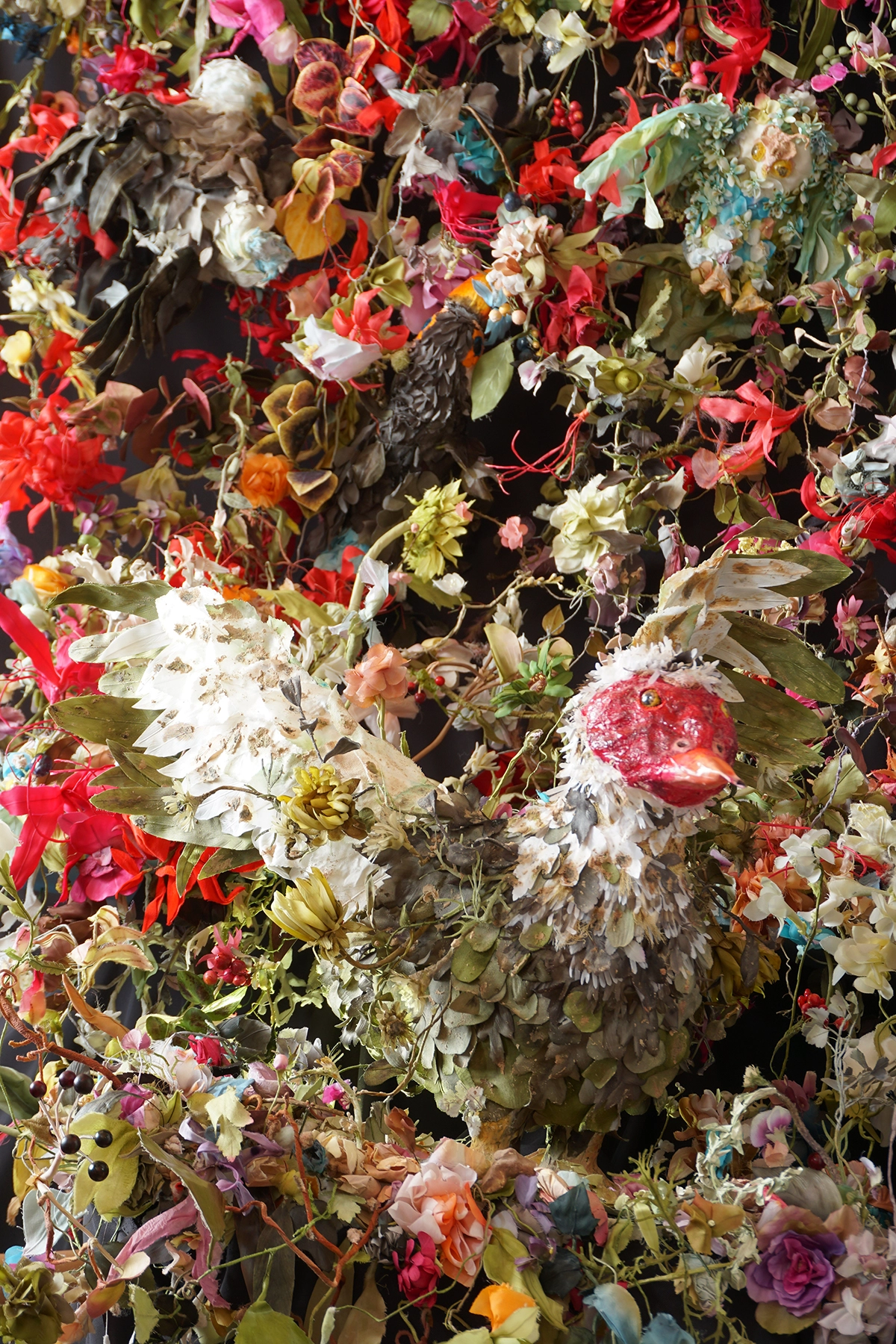 Artificial muscovy duck with flowers, 2018